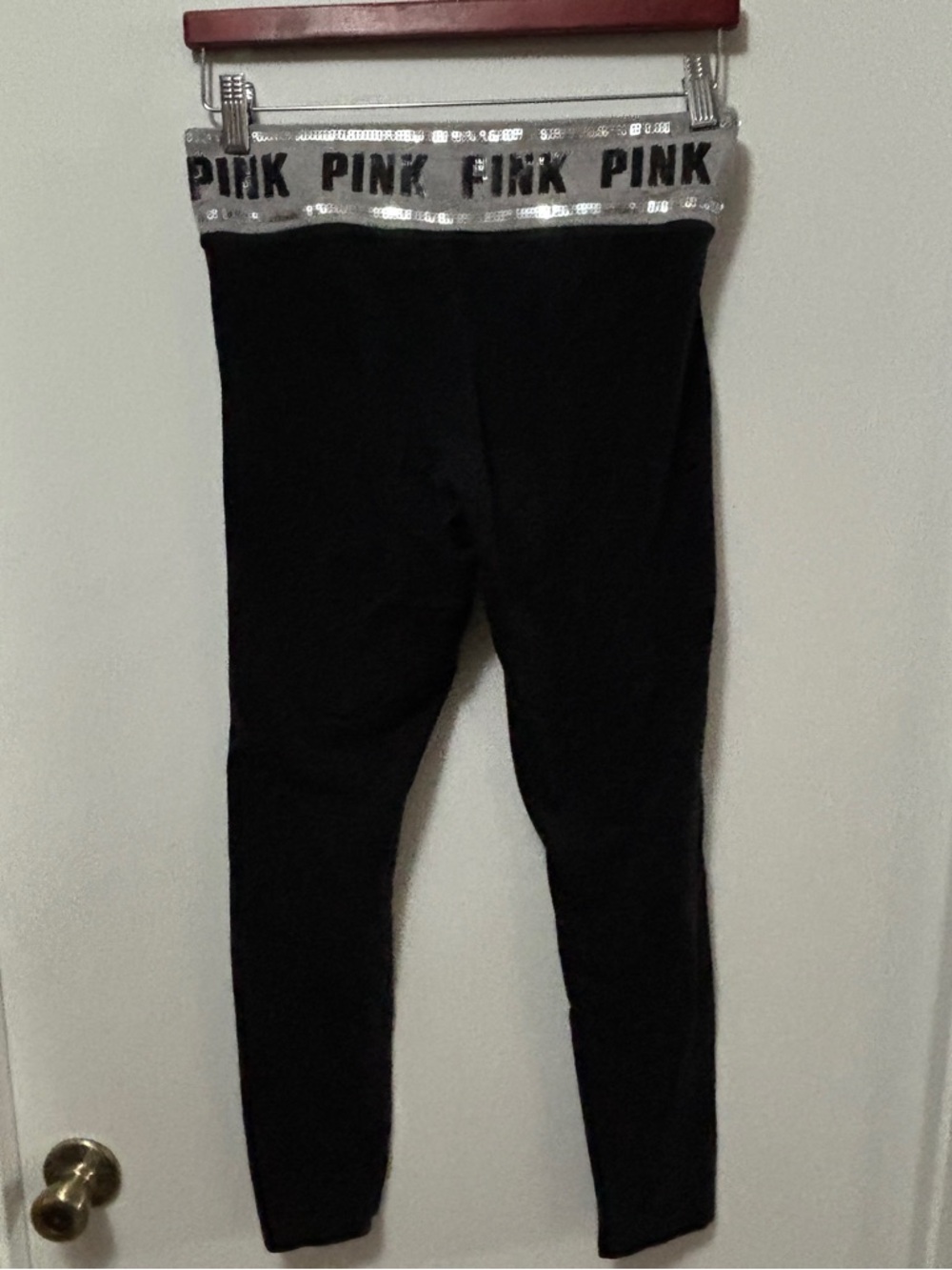 PINK Victoria’s Secret Yoga Leggings Black Logo Waist Cropped Stretch M W/Pocket - Picture 3 of 11